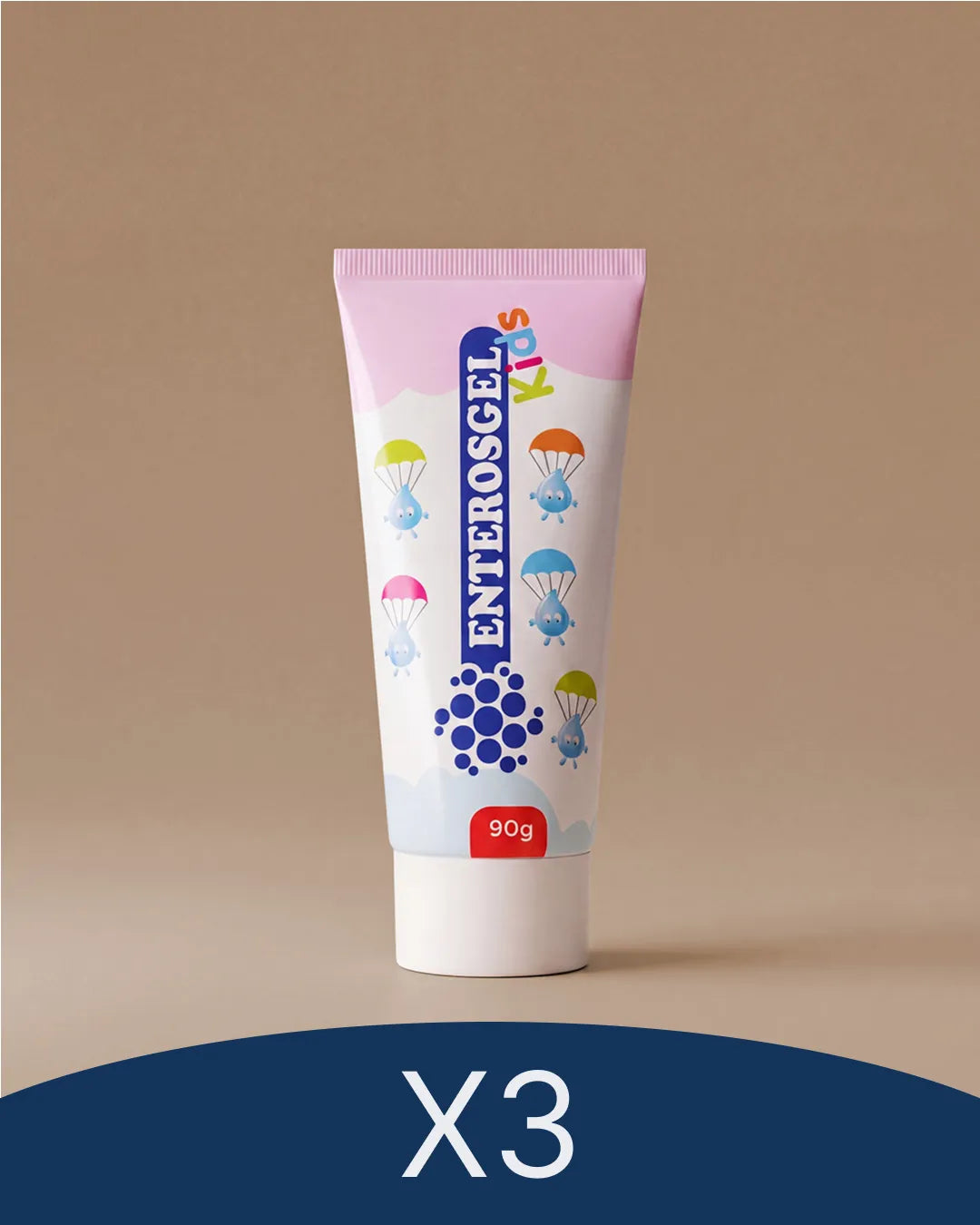 Tube of Enterosgel Kids on a beige background with 'X3' text at the bottom.