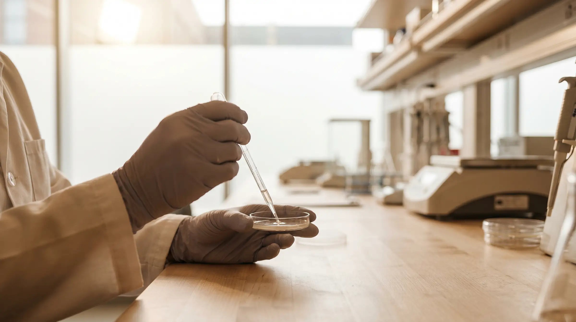 Person in a lab holding a test tube with a blurred background of a laboratory setting.
