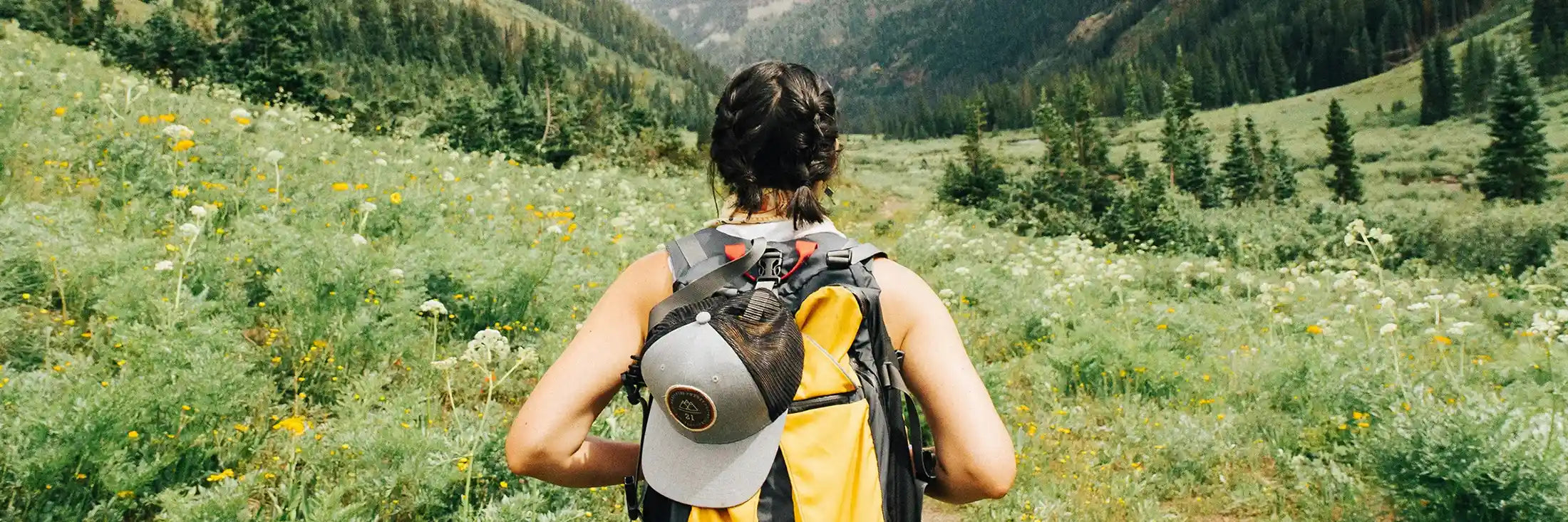 Person with a backpack standing in a mountain meadow